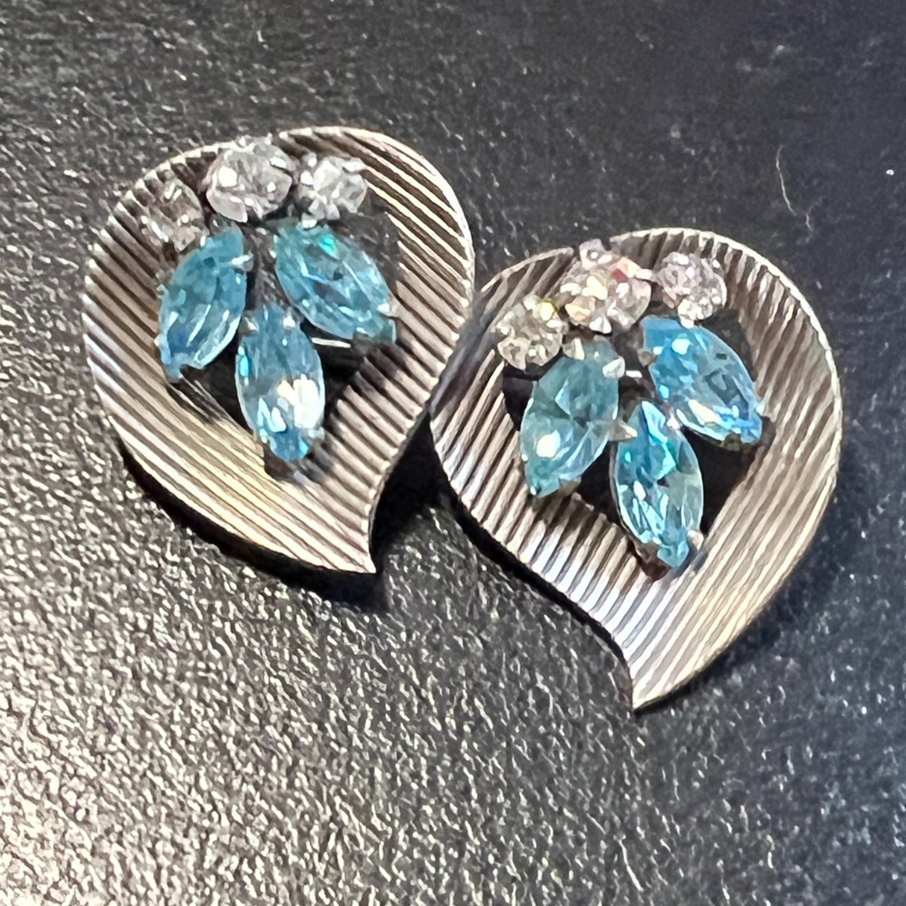 Sterling Silver Leaf Brooch Blue Rhinestone Flower Vintage Mid Century Modern